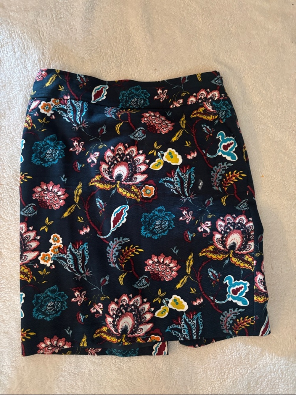 LOFT Black Floral Pencil Skirt with Teal & Pink Accents